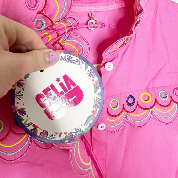 CeliaB Alvis Fuschia Pink Scalloped Edge Tiered Midi Shirt Dress XS $400 - Picture 7 of 10